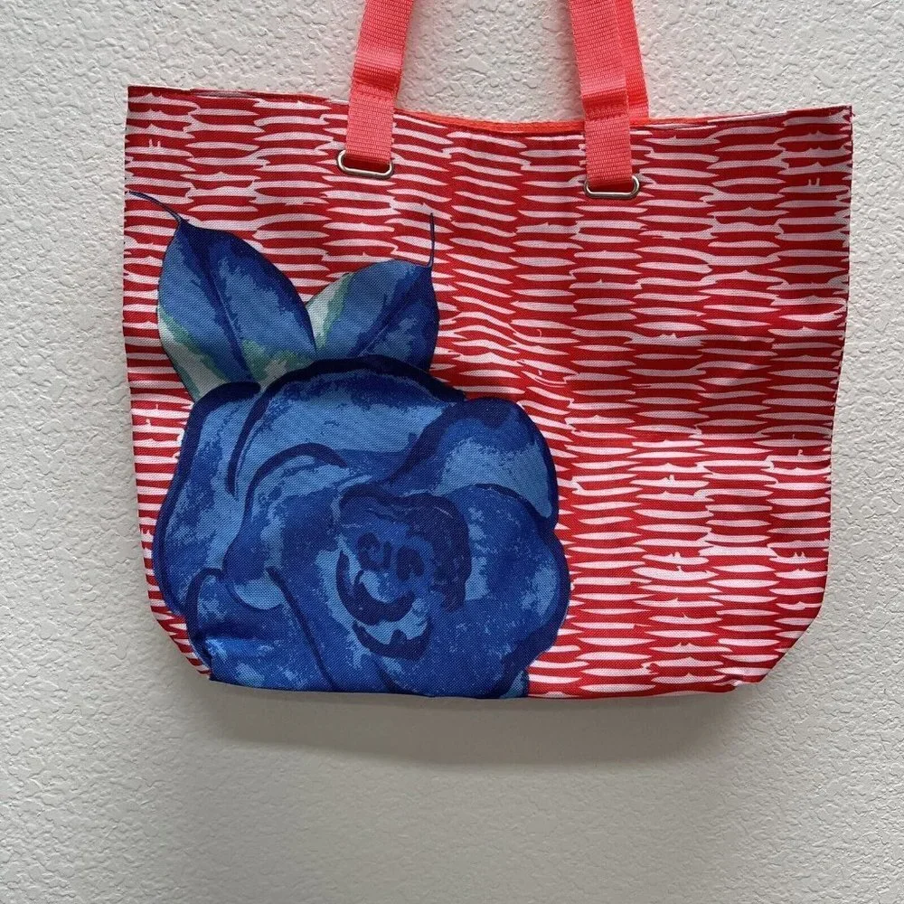 Lancome (Paris) Large Tote Bag Coral Blue Flower Floral Beach Boho Coastal Grand